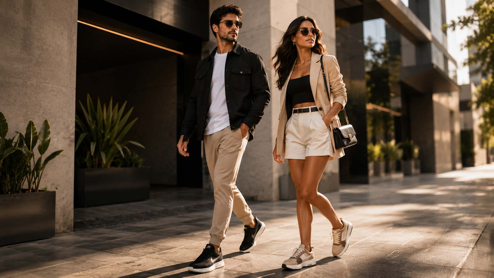 Homem e mulher usando calçados casuais em ambiente urbano